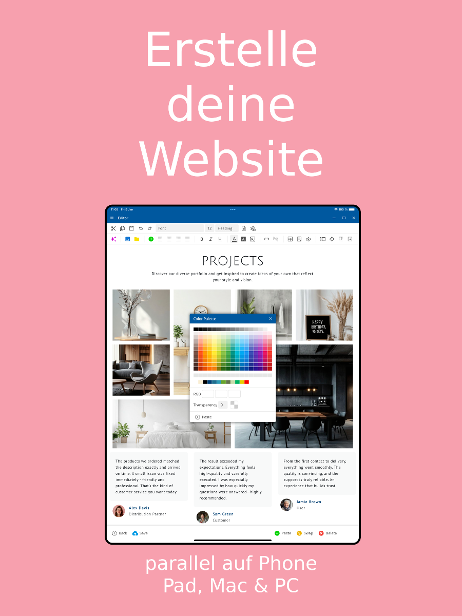 Website Builder App - Website erstellen per App auf iOS und Android – Tablet Ansicht