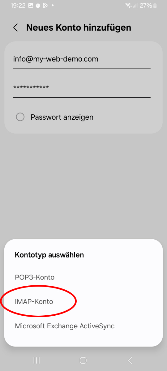 Samsung E-Mail App mit der Auswahl des Kontotyps, wobei IMAP-Konto für die manuelle Einrichtung gewählt wird
