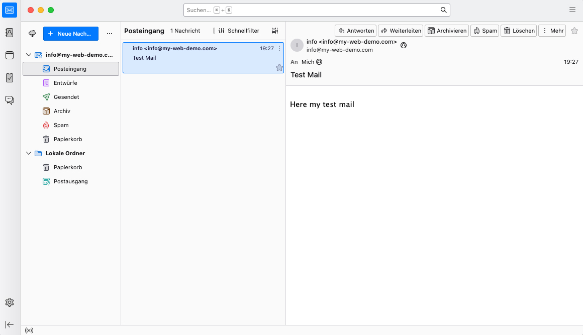 Thunderbird-Posteingang auf dem Mac mit erfolgreich empfangener Test-E-Mail