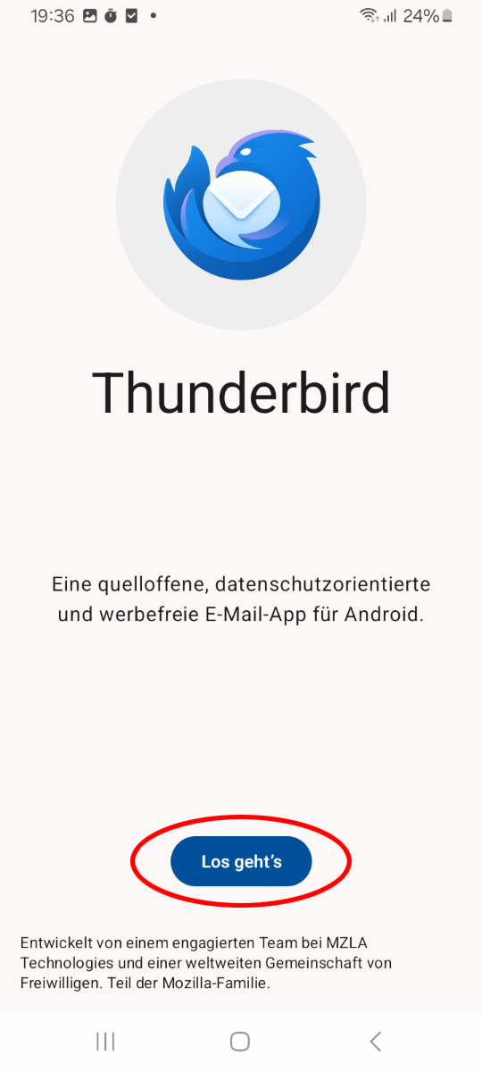 Startbildschirm von Thunderbird auf Android mit dem Button Los gehts