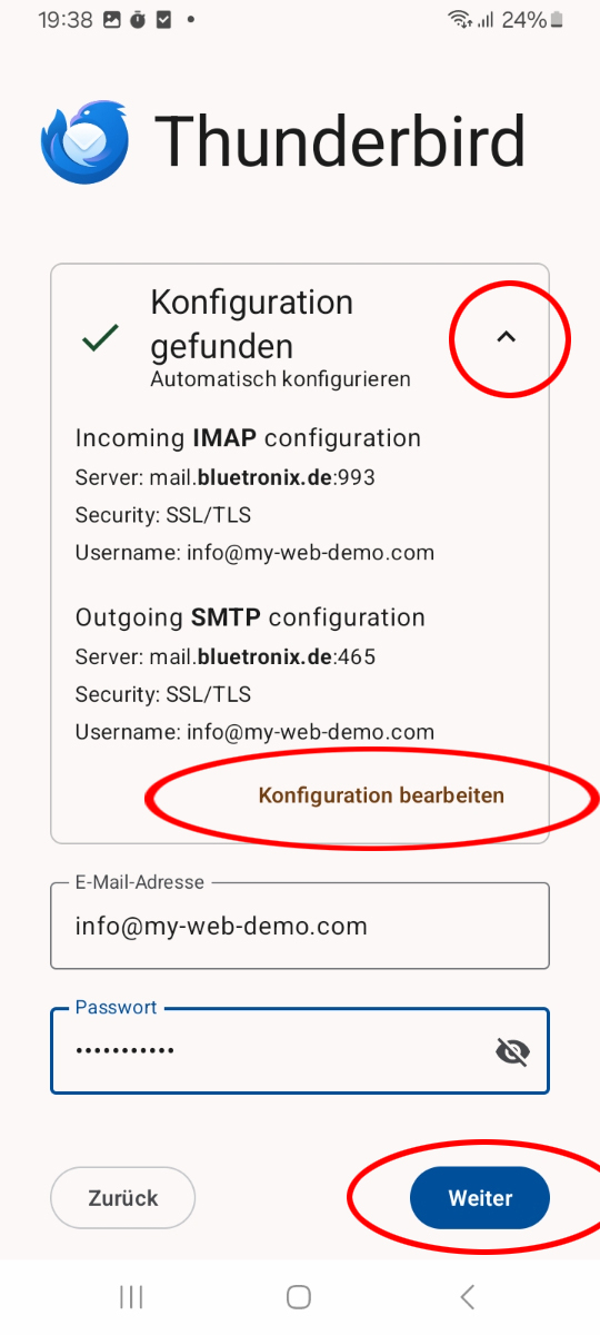 Automatisch gefundene Konfiguration in Thunderbird mit der Option Konfiguration bearbeiten