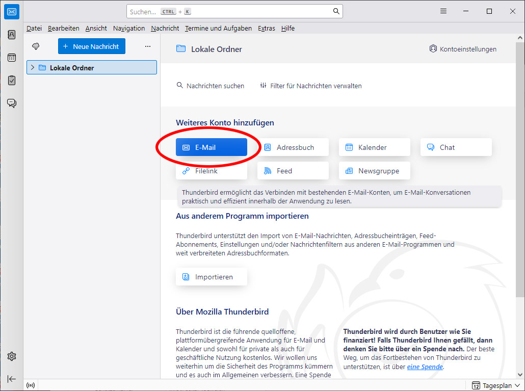 Thunderbird auf Windows mit der Auswahl E-Mail zum Hinzufügen eines neuen Kontos